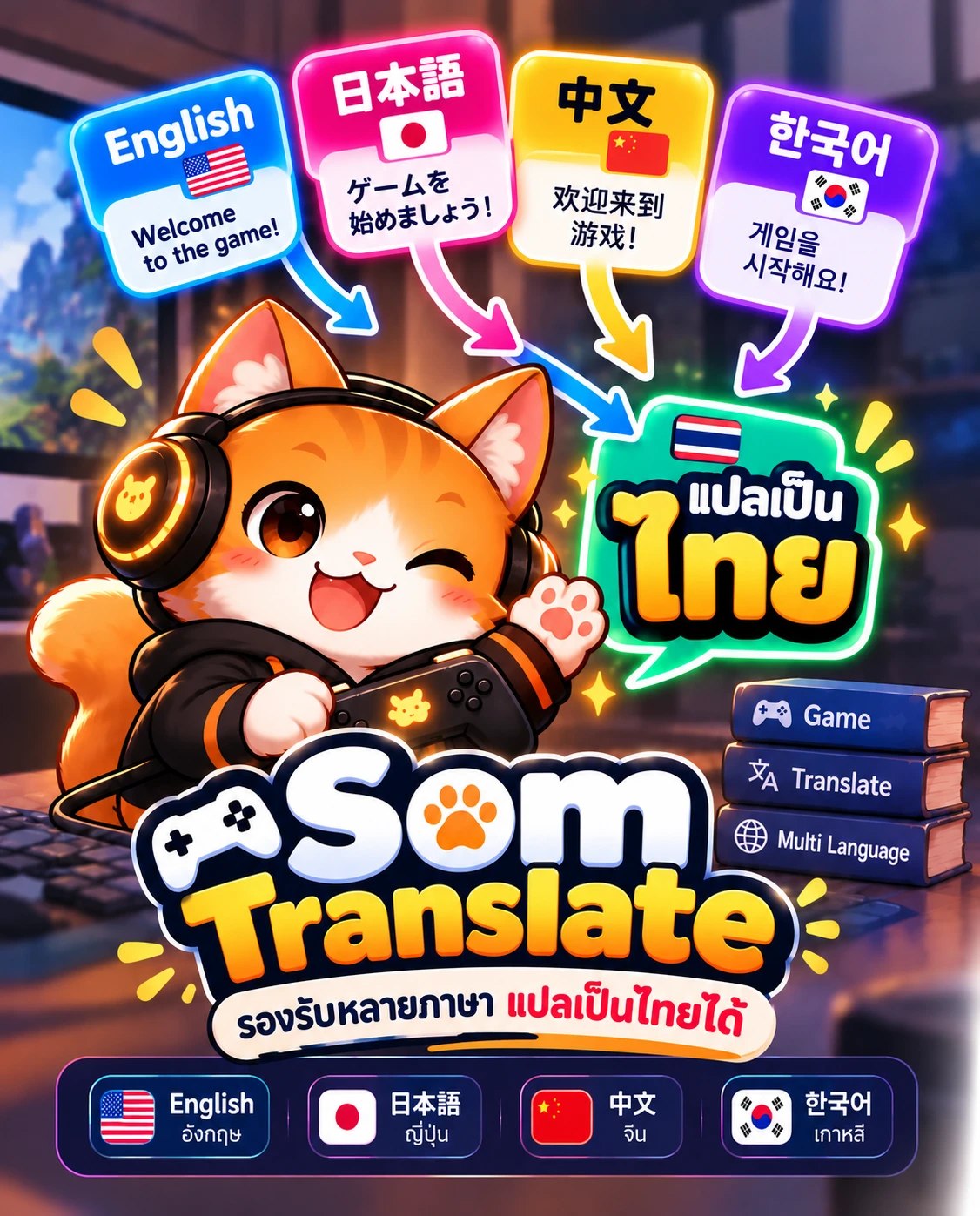 แมวส้มใส่หูฟังถือจอยเกม กับโลโก้ Som Translate และป้าย Eng เป็นไทย