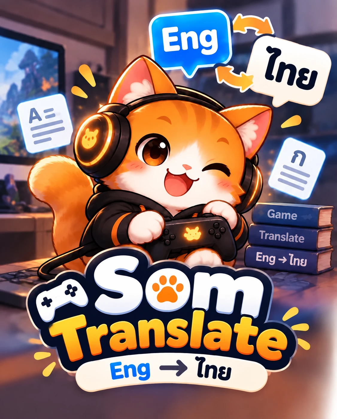 แมวส้มใส่หูฟังถือจอยเกม กับโลโก้ Som Translate และป้าย Eng เป็นไทย